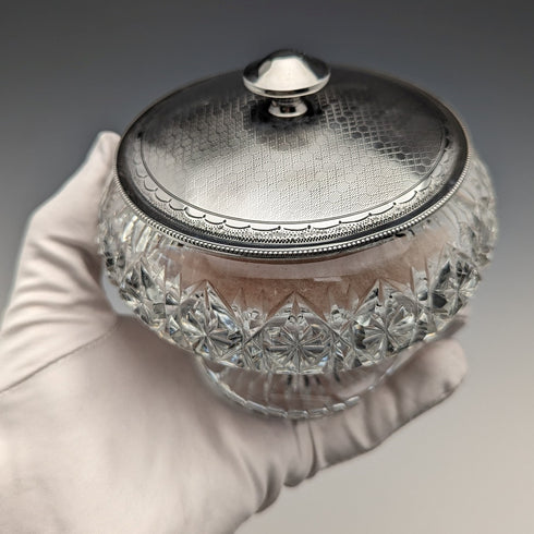 1929 年英國復古切割玻璃粉罐,帶鏡面純銀蓋 Harrison & Hipwood